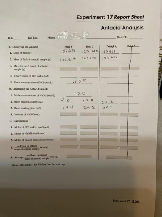 Solved Experiment 17 Report Sheet Antacid Analysis Date Lab