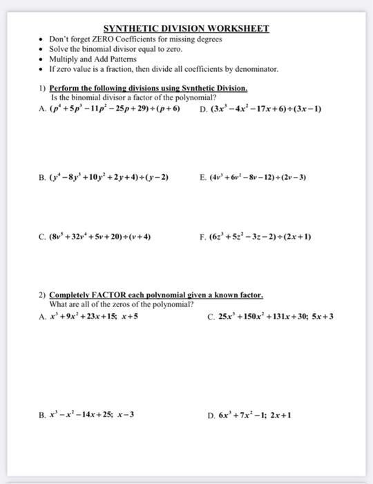 Solved SYNTHETIC DIVISION WORKSHEET • Don't forget ZERO | Chegg.com