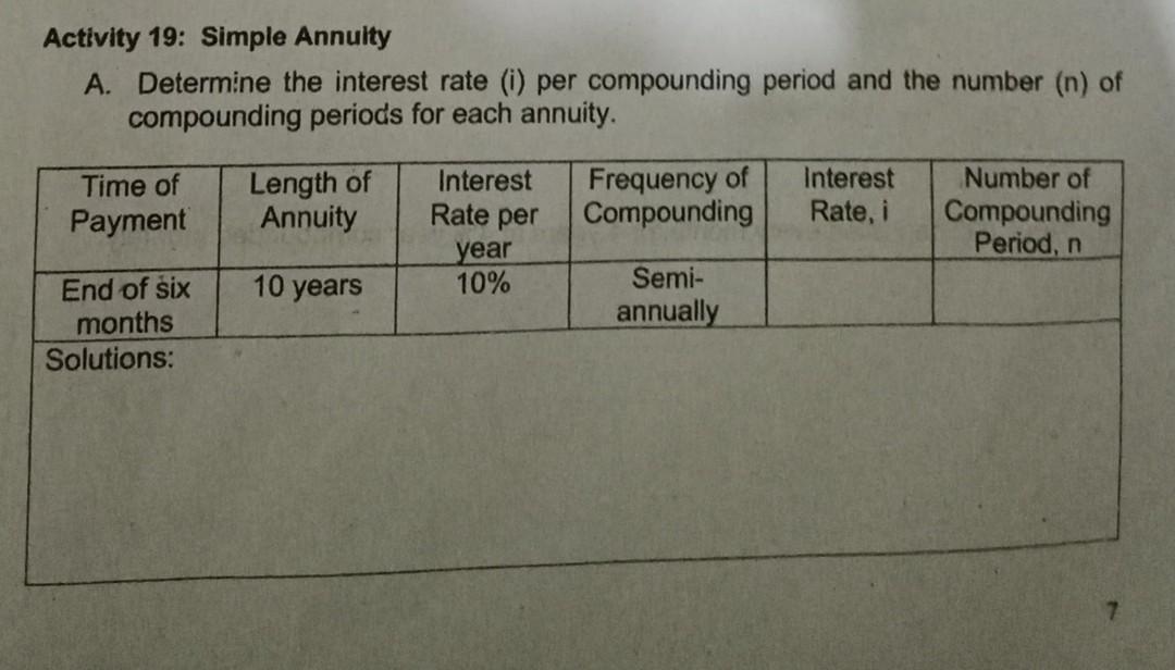 Solved Activity 19: Simple Annuity A. Determine the interest | Chegg.com