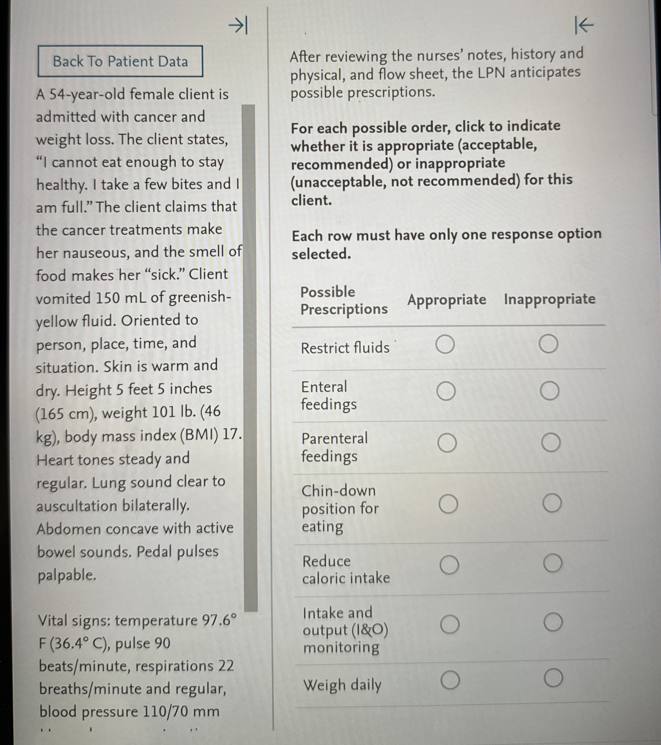Solved A 54-year-old female client is admitted with cancer | Chegg.com