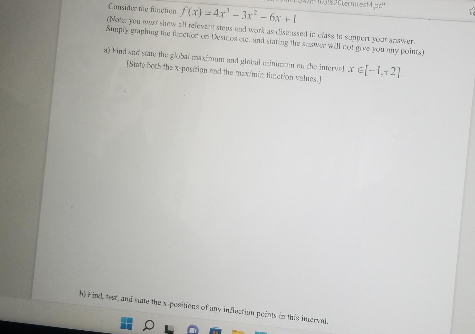 Solved 3%20termtest4.pdf Consider the function f(x) = 4x' – | Chegg.com