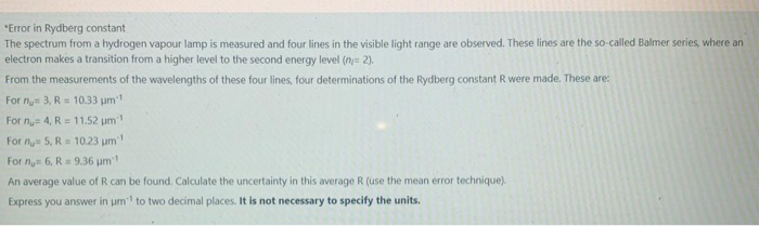 rydberg constant hydrogen spectrum experiment