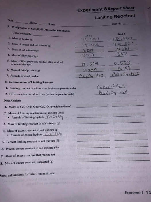 Experiment 8 Report Sheet Limiting Reactant Desk No. | Chegg.com