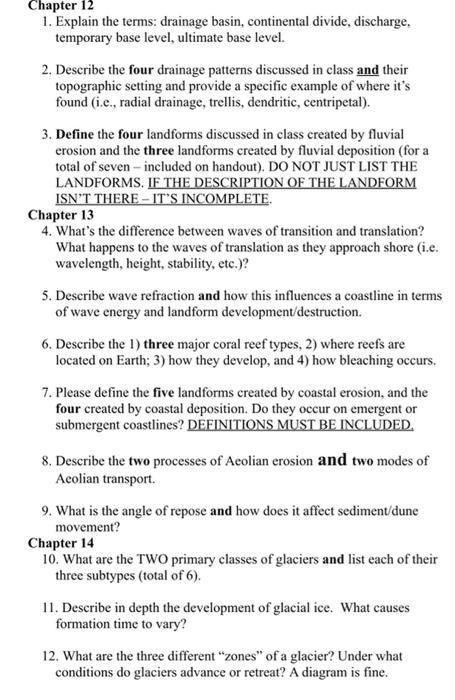 Chapter 12 1. Explain the terms: drainage basin, | Chegg.com
