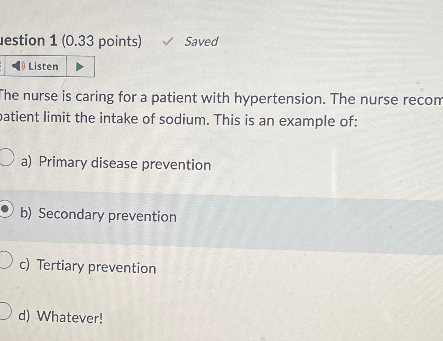 Solved Lestion 1 ( 0.33 ﻿points) ﻿SavedThe Nurse Is Caring | Chegg.com