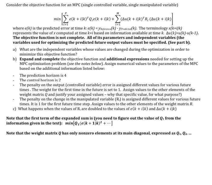 Solved Consider the objective function for an MPC (single | Chegg.com