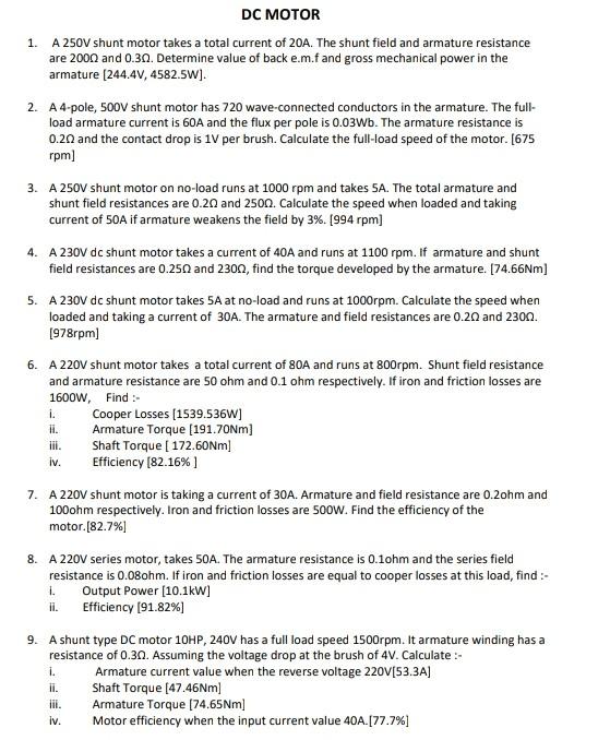 Solved 1. DC MOTOR A 250V shunt motor takes a total current