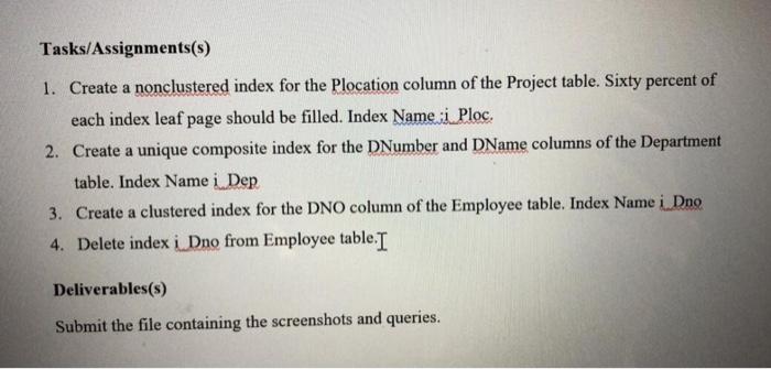 Solved Tasks/Assignments(s) 1. Create a nonclustered index | Chegg.com