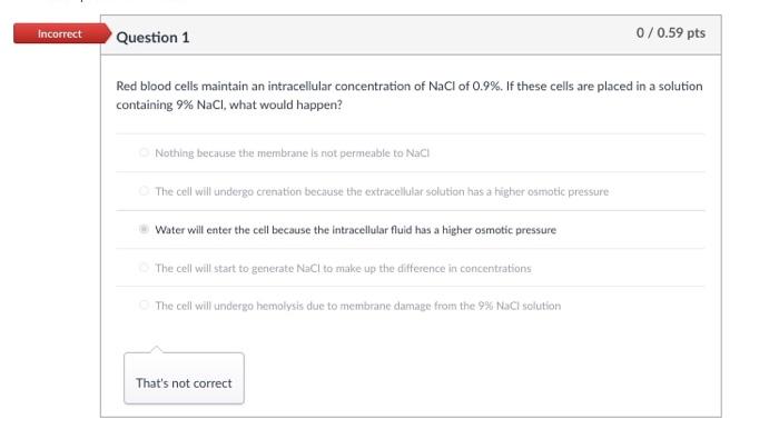 Solved Incorrect Question 1 0/0.59 pts Red blood cells | Chegg.com