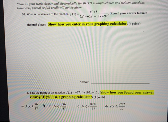Solved Show all your work clearly and algebraically for BOTH | Chegg.com