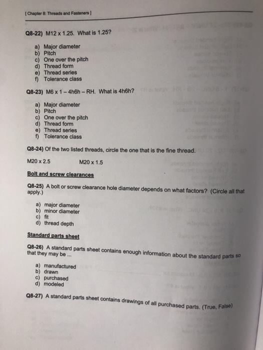 Solved THREAD AND FASTENER QUESTIONS 081) The major