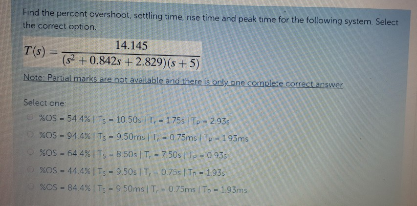 Solved Find The Percent Overshoot, Settling Time, Rise Time | Chegg.com