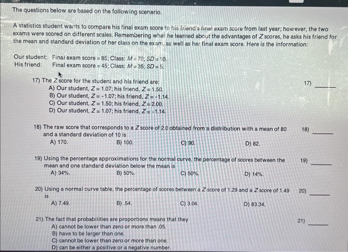 Solved A statistics student wants to compare his final exam | Chegg.com