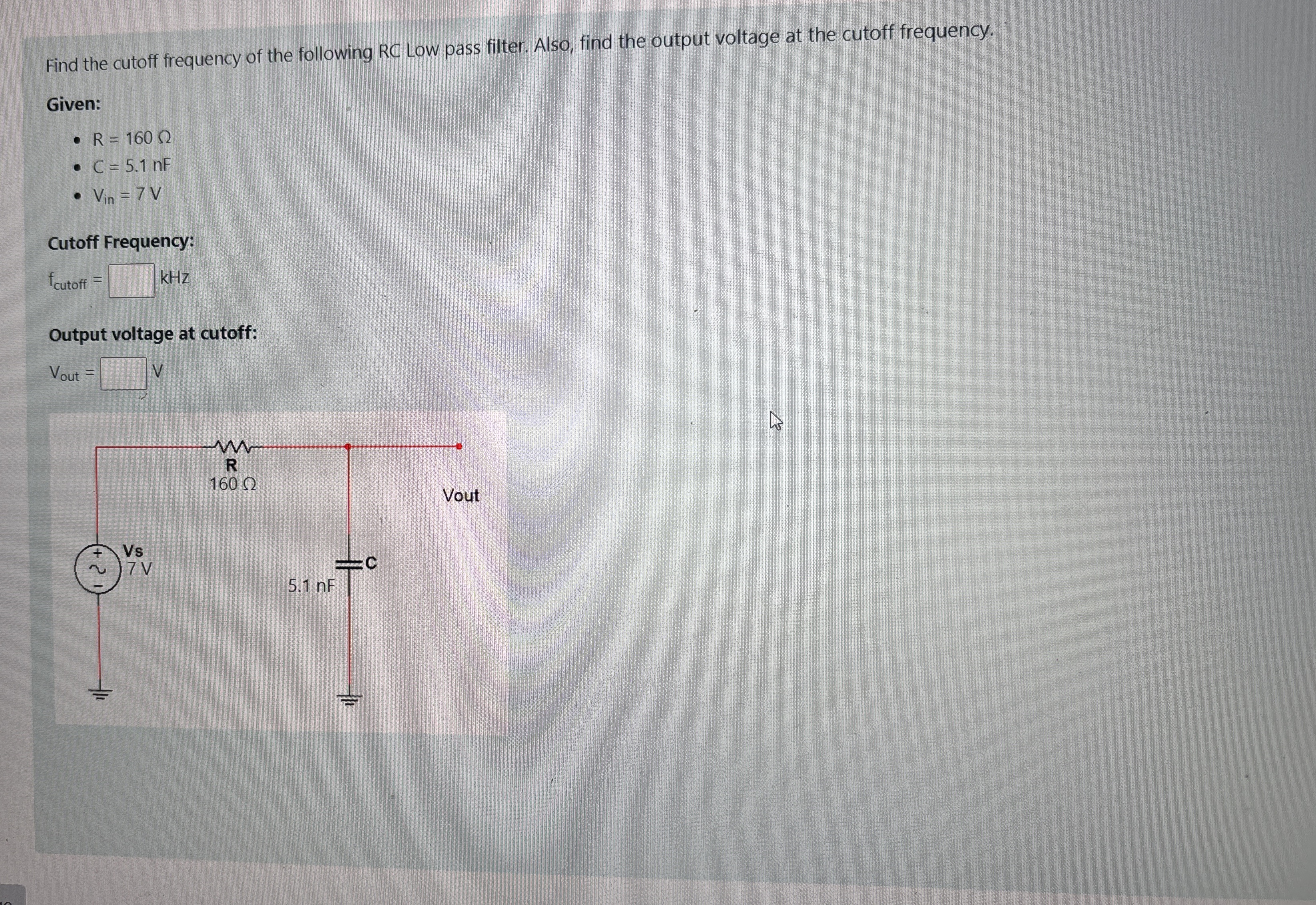 Solved Find the cutoff frequency of thr following RC low | Chegg.com