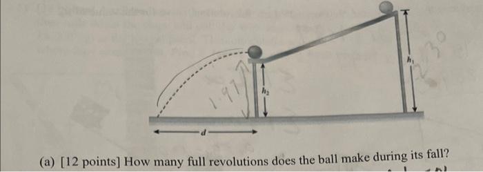 (a) [12 points] How many full revolutions does the ball make during its fall?