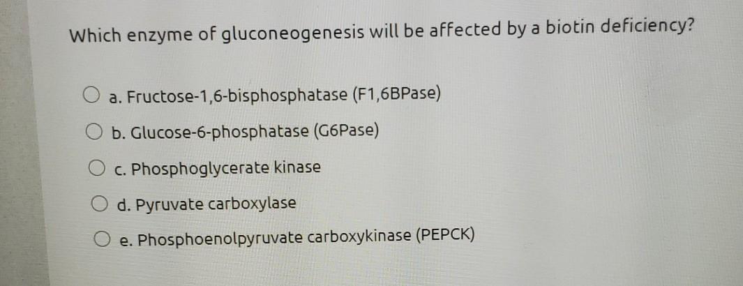 Which enzyme of gluconeogenesis will be affected by a biotin deficiency? a. Fructose-1,6-bisphosphatase (F1,6BPase) b. Glucos