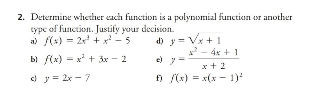 Solved 2. Determine whether each function is a polynomial | Chegg.com