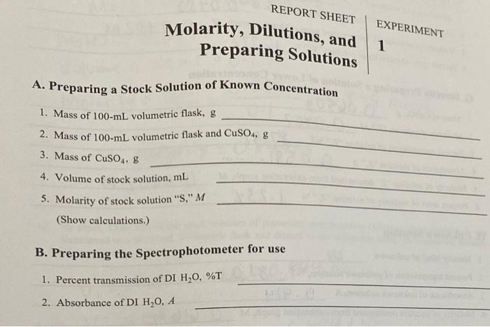 Solved Experiment1 . Molarity, Dilutions, and Preparing | Chegg.com