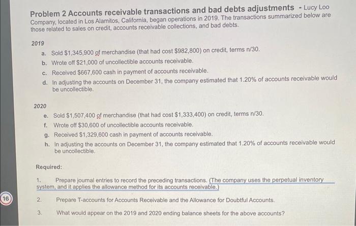 Solved Problem 2 Accounts receivable transactions and bad | Chegg.com