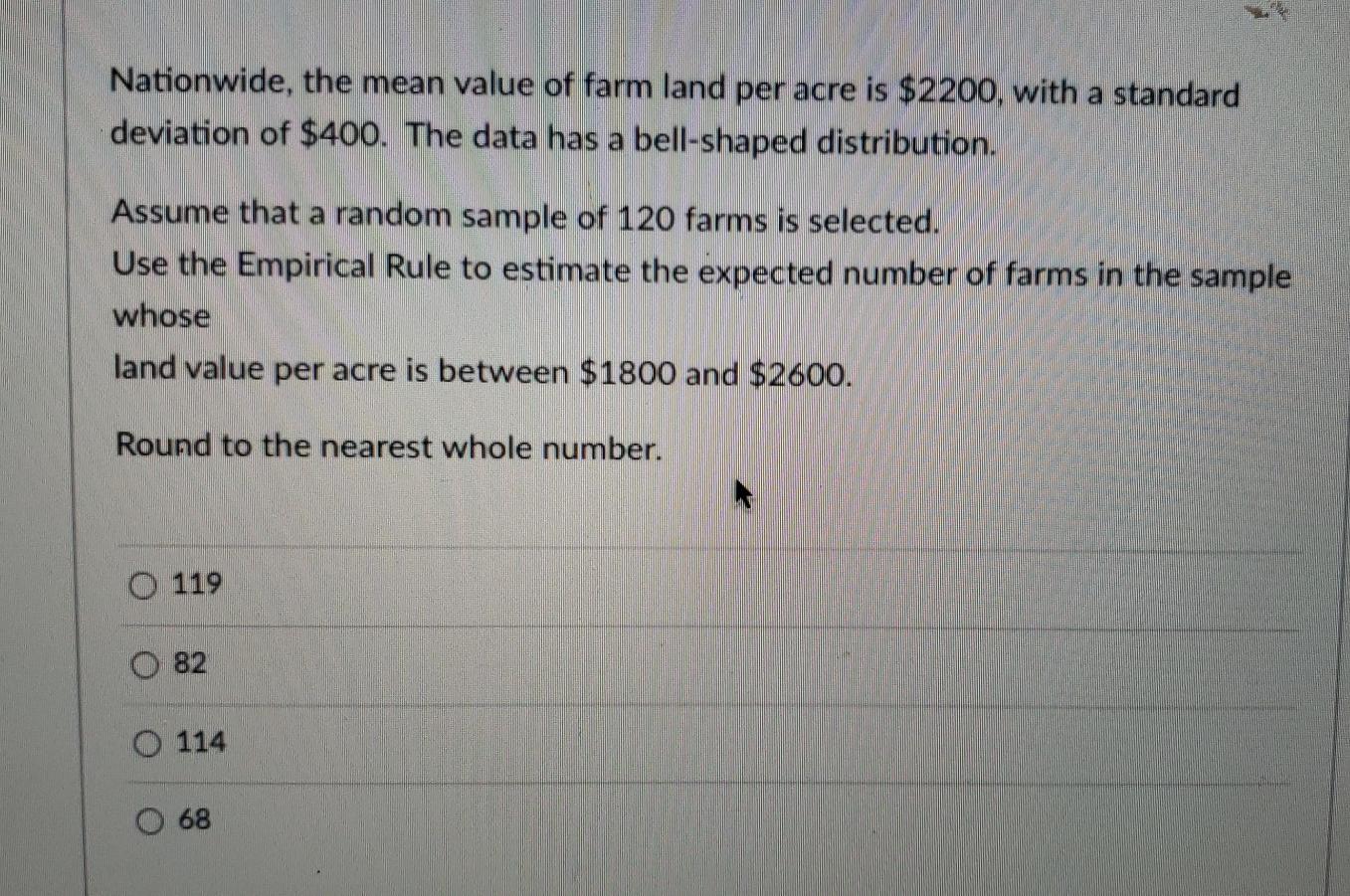 Solved Nationwide, the mean value of farm land per acre is