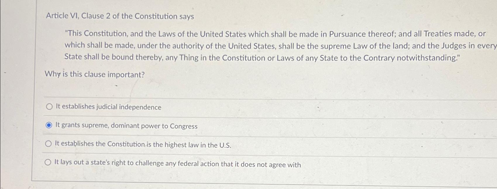 Under article of the constitution the laws of congress shop and all treaties are the law of the land