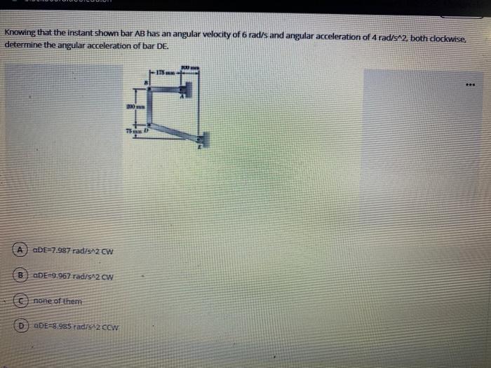 Solved Knowing that the instant shown bar AB has an angular | Chegg.com