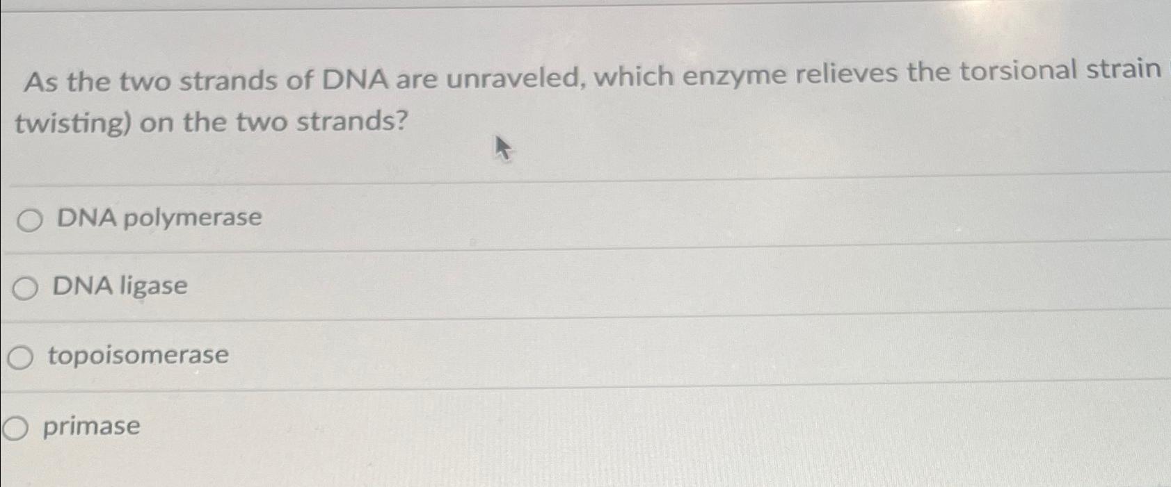 Solved As the two strands of DNA are unraveled, which enzyme | Chegg.com