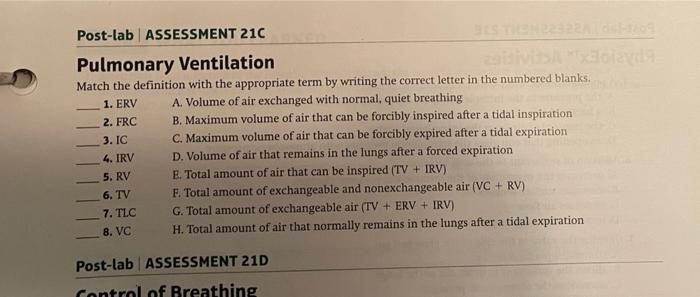 Solved Pulmonary Ventilation Match the definition with the | Chegg.com