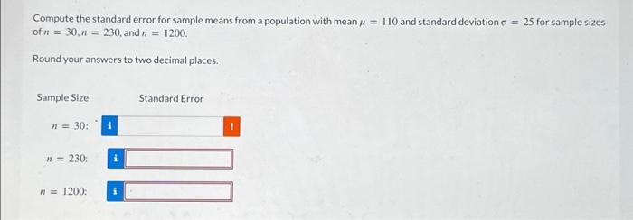 Solved Compute the standard error for sample means from a | Chegg.com