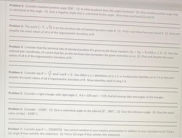 Solved Problem 1: Consider standard position angle 250∘. (1) | Chegg.com