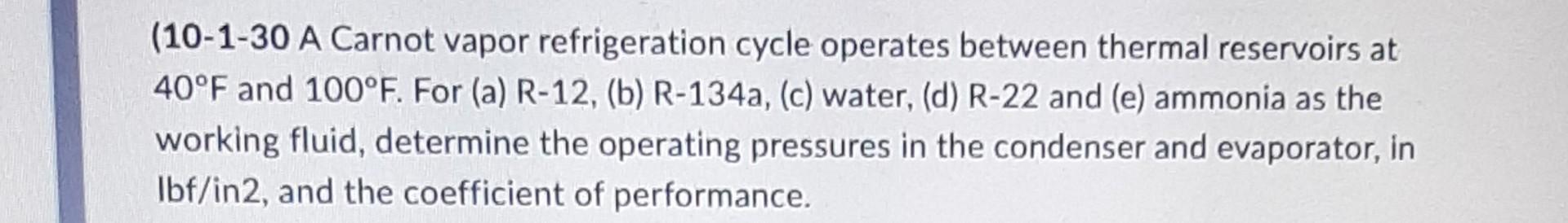 Solved (10-1-30 A Carnot vapor refrigeration cycle operates | Chegg.com