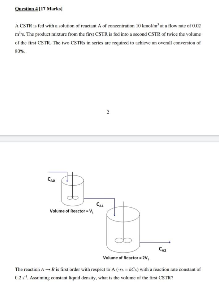 Solved Question 4 [17 Marks) A CSTR is fed with a solution | Chegg.com