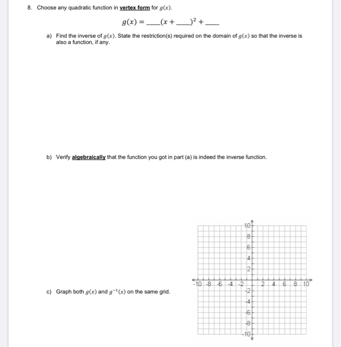 Solved 8. Choose any quadratic function in vertex form for | Chegg.com