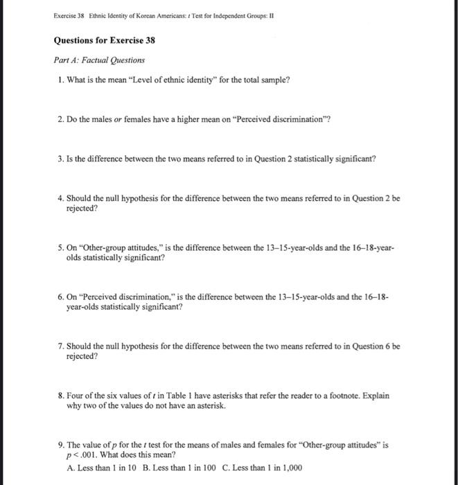 Exercise 38 Ethnic Identity of Korean Americans: t | Chegg.com