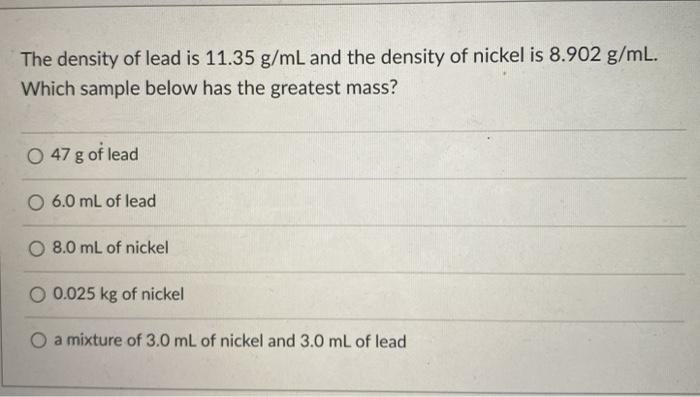 Solved The density of lead is 11.35 g/mL and the density of | Chegg.com