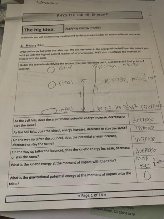 Solved 2. Project PHYS 110 Lab #8: Energy 11 The big idea:  Chegg.com