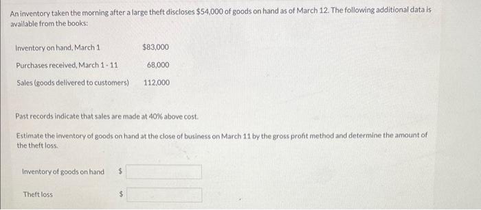 Solved An inventory taken the morning after a large theft | Chegg.com