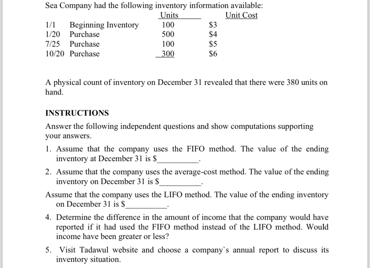 Solved Sea Company had the following inventory information | Chegg.com