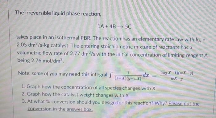 Solved The irreversible liquid phase reaction, 1A + 4B 5C | Chegg.com