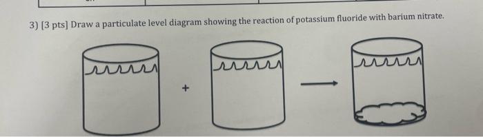 3) [ 3 pts] Draw a particulate level diagram showing the reaction of potassium fluoride with barium nitrate.