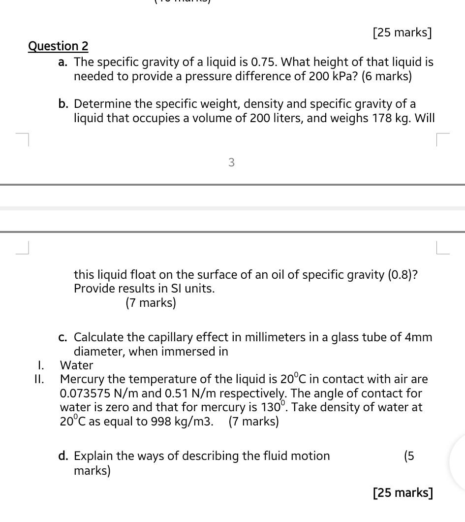 Solved [25 marks] Question 2 a. The specific gravity of a | Chegg.com