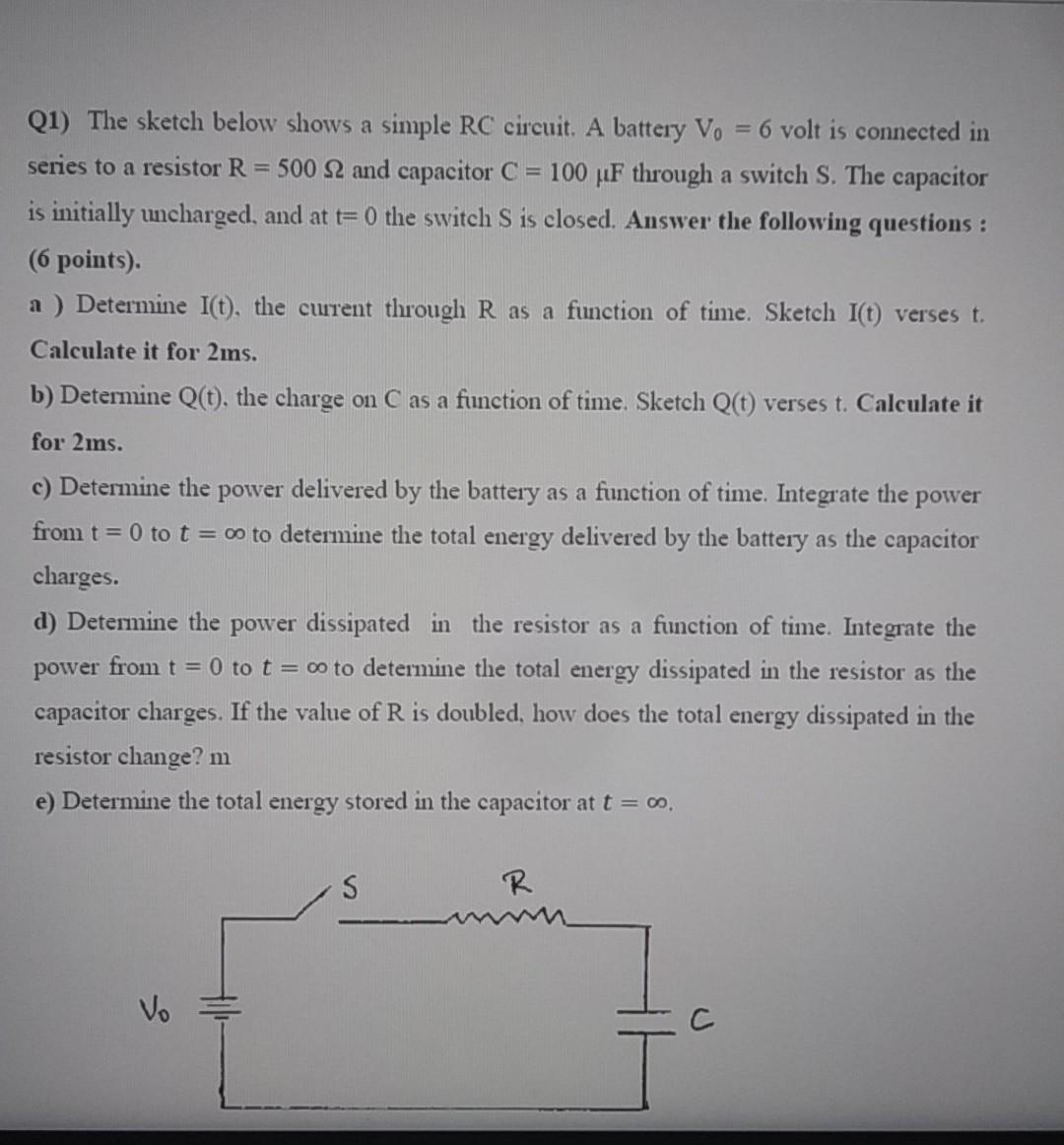 Solved Q1) The sketch below shows a simple RC circuit. A | Chegg.com