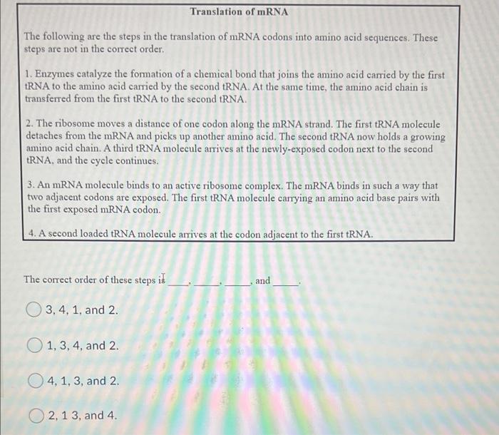Solved Translation of mRNA The following are the steps in | Chegg.com