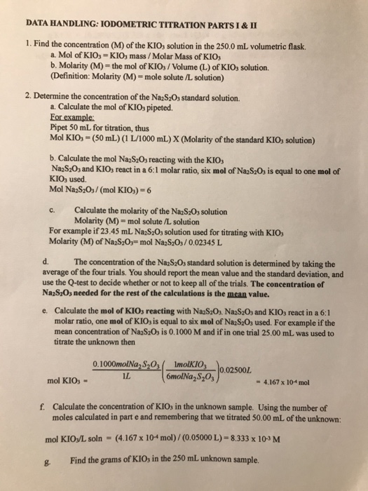 Solved DATA HANDLING IODOMETRIC TITRATION PARTS I & II 1.
