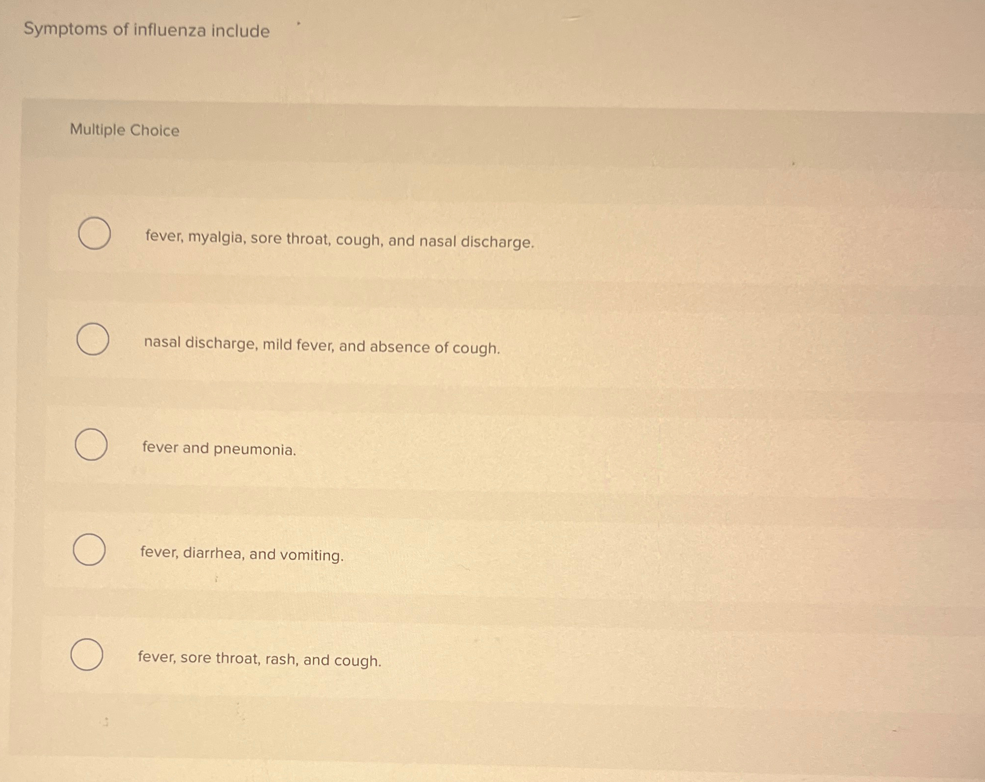 Solved Symptoms of influenza includeMultiple Choice ﻿fever, | Chegg.com