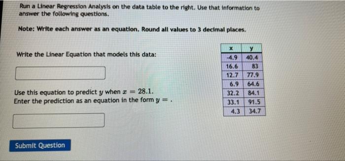 Solved Run a Linear regression Analysis on the data table to | Chegg.com