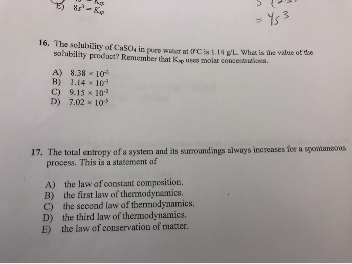 Solved E) 853 = K Кsp 5 1337 - 453 16. The solubility of | Chegg.com