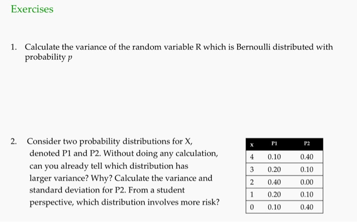 Solved Exercises 1. Calculate the variance of the random | Chegg.com