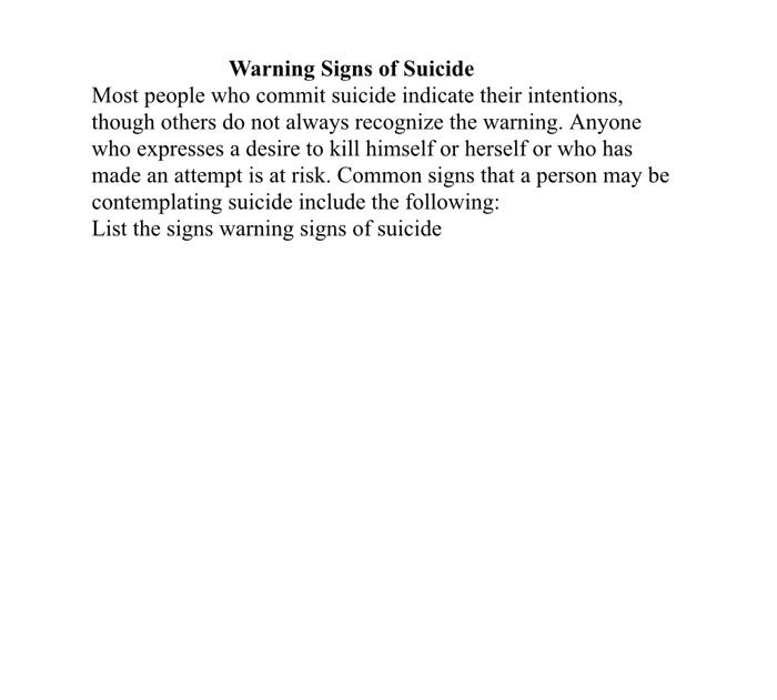 Warning Signs of Suicide Most people who commit suicide indicate their intentions, though others do not always recognize the