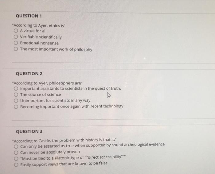Solved QUESTION 1 "According to Ayer, ethics is" O A virtue | Chegg.com